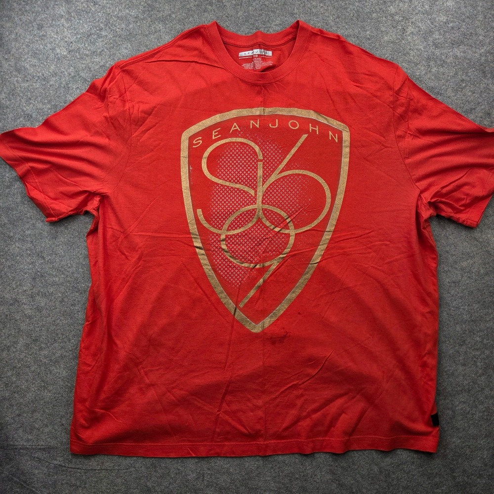 Sean John Mens 4XB Red Graphic T-Shirt Gold Shield Logo‎ Short Sleeve Cotton Tee